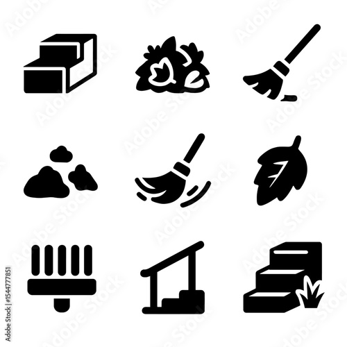 Outdoor Stair Sweeping Icons. Solid, filled icons set of outdoor stair sweeping: concrete step, leaf pile,