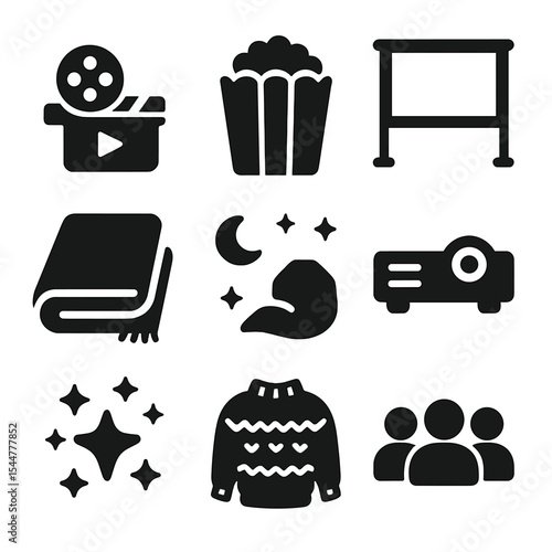 Outdoor Movie Icons. Solid, filled icons set of movie under the stars moments: classic film icon, popcorn box,