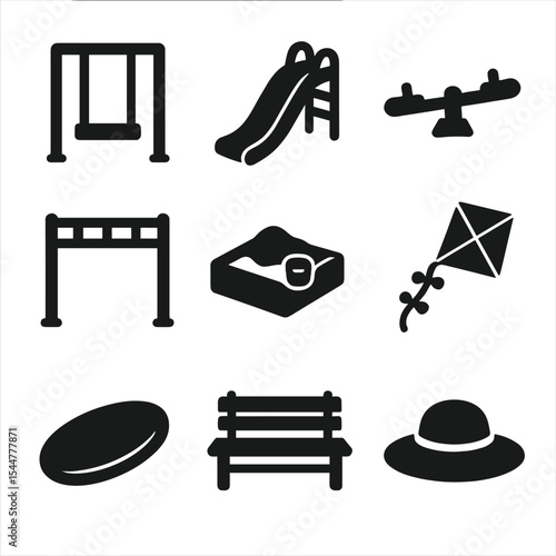 Outdoor Playtime Icons. Solid, filled icons set of outdoor playtime: swing set, slide, seesaw, monkey bars,