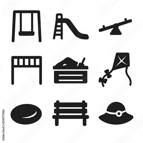 Outdoor Playtime Icons. Solid, filled icons set of outdoor playtime: swing set, slide, seesaw, monkey bars,