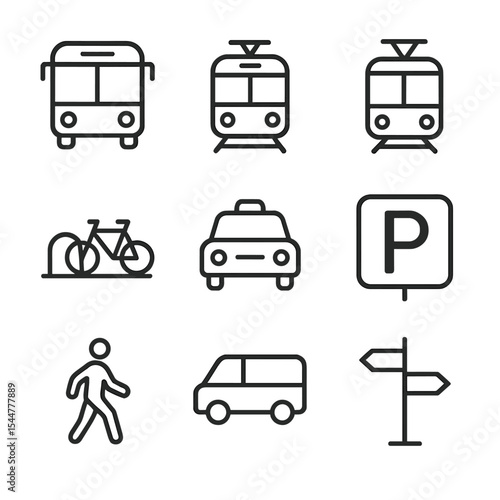 Outline Icon Sets. Outline icon set of intermodal transfer hubs: bus icon, train icon, tram icon, bike rack, taxi stand, car park,