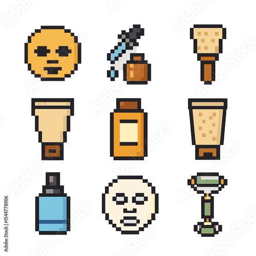 Skincare Pixel Icons. Pixel art icon set of facial skincare: face mask, serum dropper, cleansing brush, moisturizer tube,