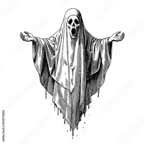 A terrifying ghost with a skull face, draped in flowing white fabric, evokes chills in this black and white line art vector illustration