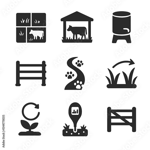 Pasture System Icons. Solid, filled icons set of pasture-based livestock systems: rotational paddock, shade