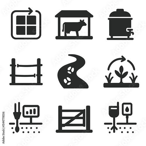 Pasture System Icons. Solid, filled icons set of pasture-based livestock systems: rotational paddock, shade