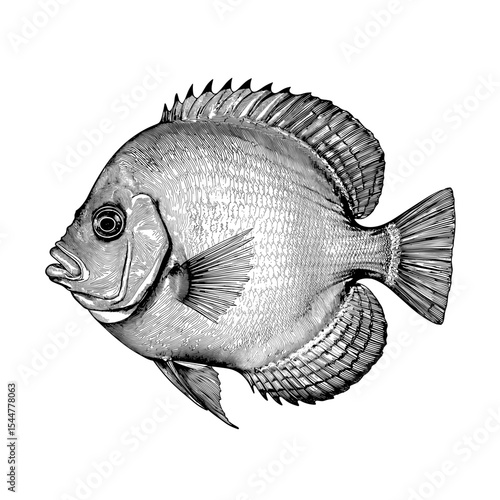 A detailed monochrome illustration of a single fish, the image a vintage depiction showcases the intricate scales and fins. vector illustration