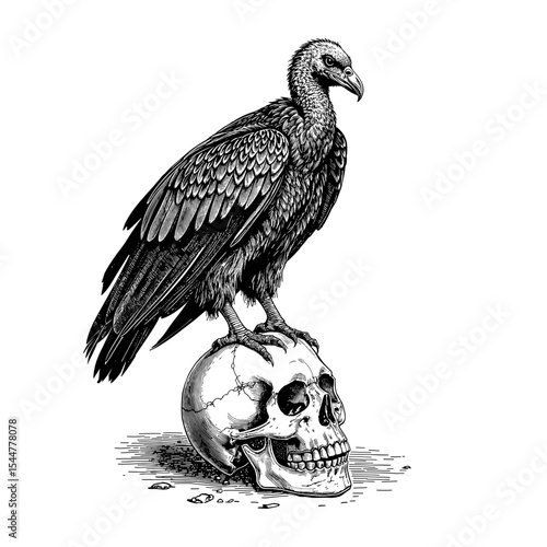 A haunting image of a vulture perched atop a human skull, rendered in stark black and white, evoking a sense of mortality, death, and foreboding.