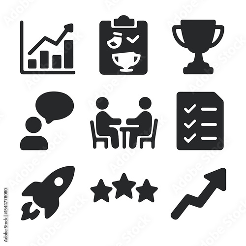 Performance Icons Grid. Solid, filled icons set of performance improvement methods: performance chart,