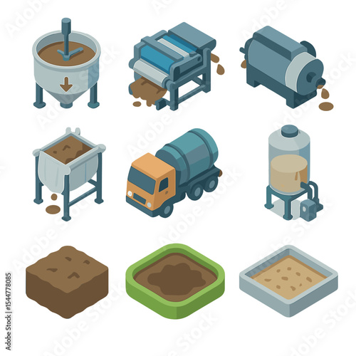 Sludge Handling Icons. Isometric Flat icon set of sludge handling processes: sludge thickener, belt press, centrifuge, dewatering
