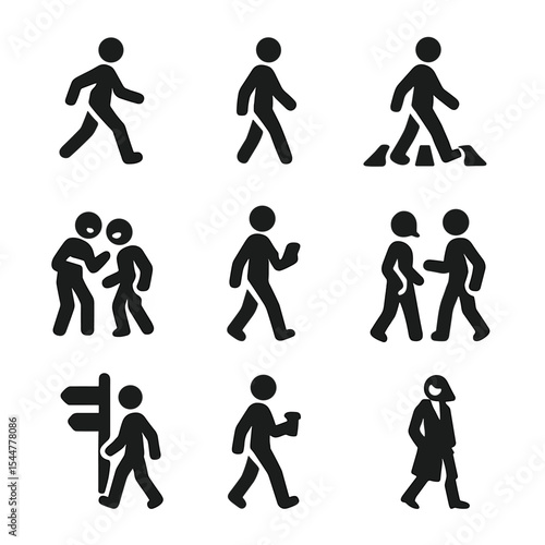 People Motion Icons. Solid, filled icons set of people in motion: fast walker, relaxed stroll, crosswalk