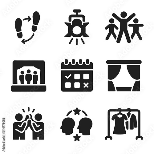 Performance Art Icons. Solid, filled icons set of performance art groups: dance step, spotlight icon, group