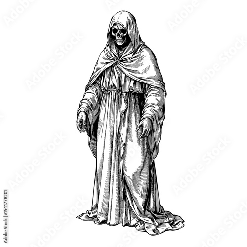 An intricate drawing of Grim Reaper with a ghostly skull shrouded in a flowing robe, evoking themes of mortality and the ephemeral nature of life. vector illustration