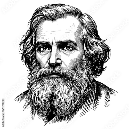 An insightful portrait of an older man with a distinguished beard, meticulously rendered in a detailed line art illustration. This portrait of the wise old man focuses on his eyes.