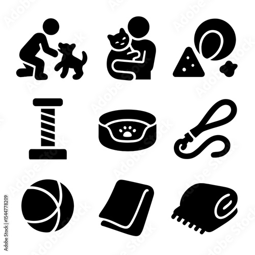 Pet Home Icons. Solid, filled icons set of pet-friendly home activities: playing with dog, cuddling cat, pet toy, treat time, scratching post, soft bed, leash, ball icon, cozy blanket.