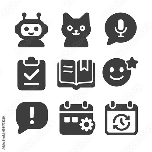 Personal AI Icons. Solid, filled icons set of personal AI companions: chatbot avatar, digital pet, voice