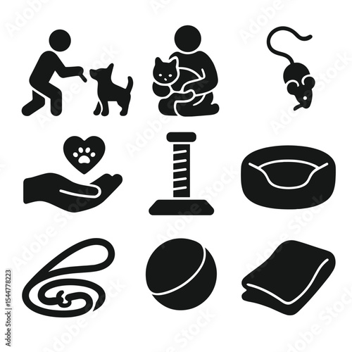 Pet Home Icons. Solid, filled icons set of pet-friendly home activities: playing with dog, cuddling cat, pet toy, treat time, scratching post, soft bed, leash, ball icon, cozy blanket.