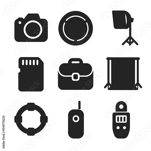 Photography Equipment Icons. Solid, filled icons set of photography equipment and accessories: DSLR camera,
