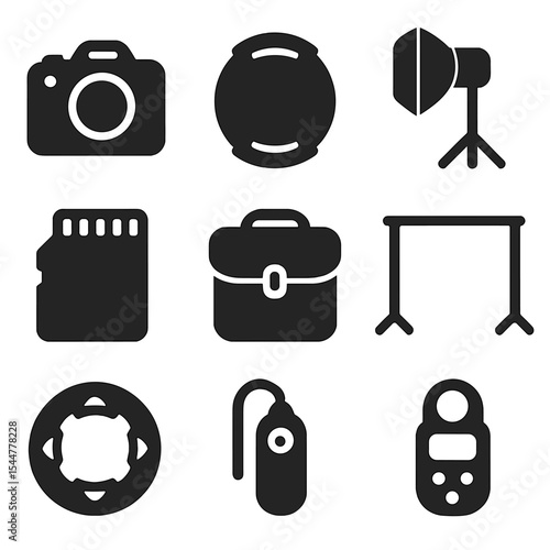 Photography Equipment Icons. Solid, filled icons set of photography equipment and accessories: DSLR camera,