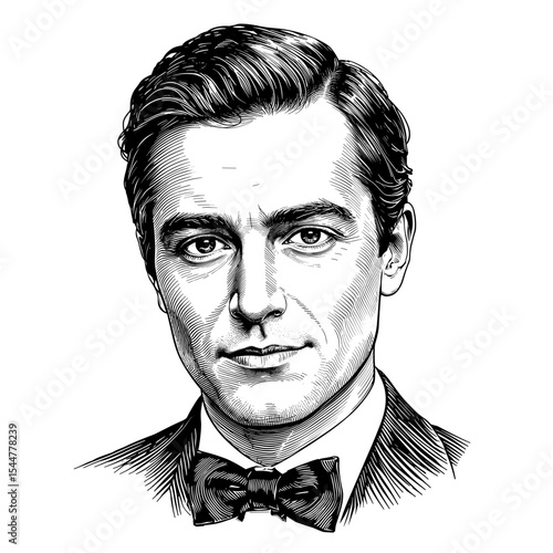 A distinguished gentleman portrait with a classic bow tie, embodying the sophistication of a bygone era in striking monochrome. vector illustration 