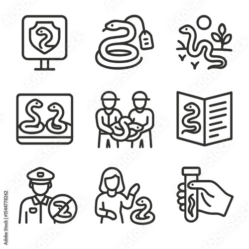 Snake Conservation Icons. Outline icon set of snake conservation: protected area sign, research tag, habitat restoration, captive
