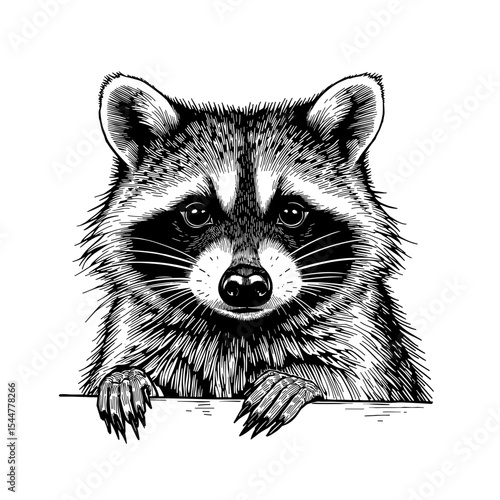 A detailed sketch captures the cunning gaze of a raccoon, as it peers at the world. A symbol of urban adaptability. vector illustration