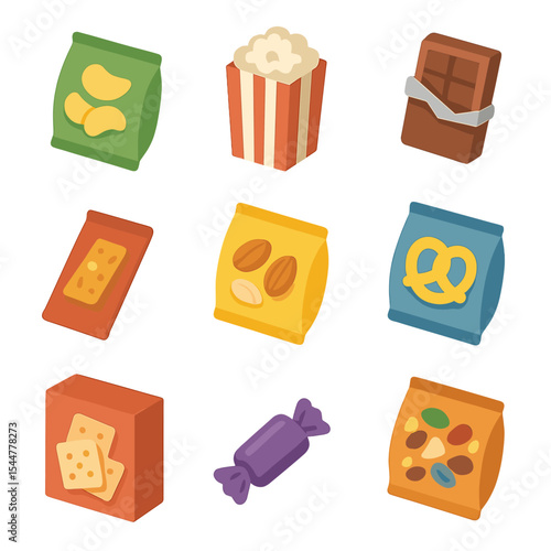 Isometric Snack Icons. Isometric Flat icon set of snacks aisle: potato chips, popcorn bag, chocolate bar, granola bar, nuts packet