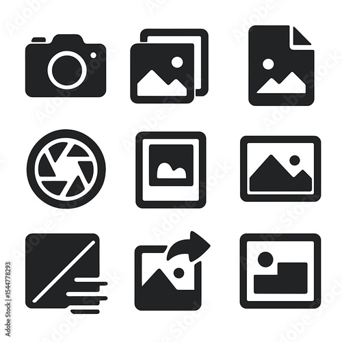 Photography Icon Grid. Solid, filled icons set of photography and visual storytelling: camera icon, photo icon