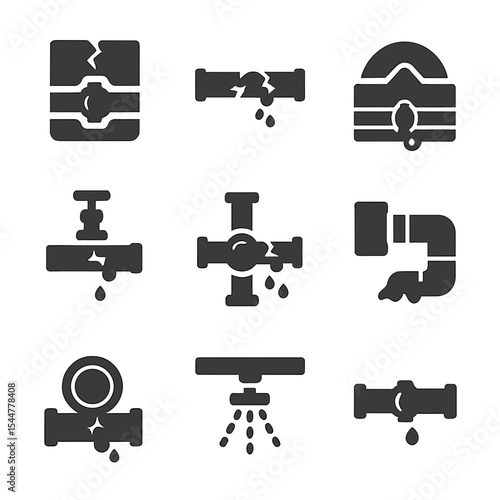 Pipeline Infrastructure Icons. Solid, filled icons set of pipeline infrastructure at risk: underground pipe,
