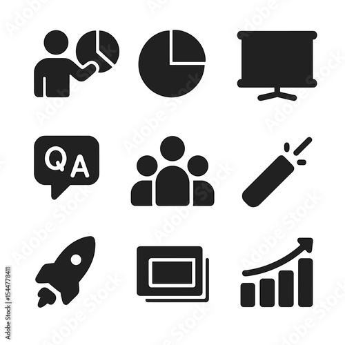 Pitch Presentation Icons. Solid, filled icons set of pitch presentation elements: presenter icon, pie chart,