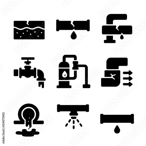 Pipeline Infrastructure Icons. Solid, filled icons set of pipeline infrastructure at risk: underground pipe,