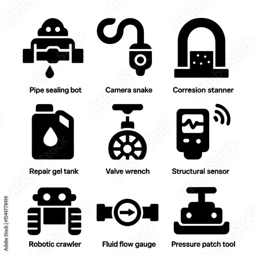 Pipeline Repair Icons. Solid, filled icons set of pipeline repair crews: pipe sealing bot, camera snake,