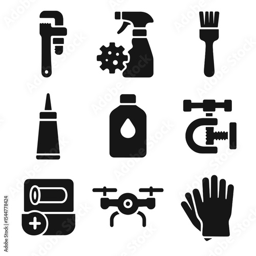 Pipeline Maintenance Tools Icons. Solid, filled icons set of pipeline maintenance tools: pipe wrench, rust