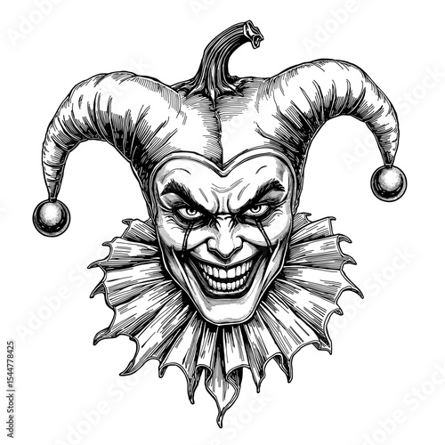 A sinister jester face, the embodiment of dark humor and masked intentions, depicted in detailed monochrome, ready to provoke and perplex. vector illustration