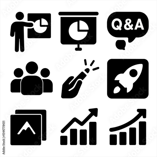 Pitch Presentation Icons. Solid, filled icons set of pitch presentation elements: presenter icon, pie chart,