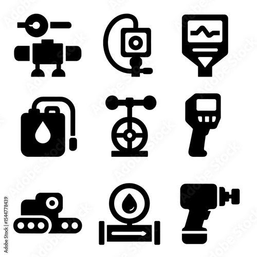 Pipeline Repair Icons. Solid, filled icons set of pipeline repair crews: pipe sealing bot, camera snake,