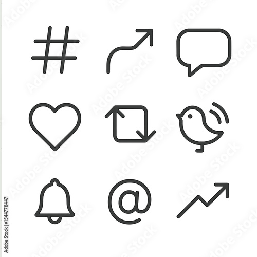 Social Media Icon Set. Outline icon set of social media engagement: hashtag, share icon, comment bubble, like heart, retweet arrow