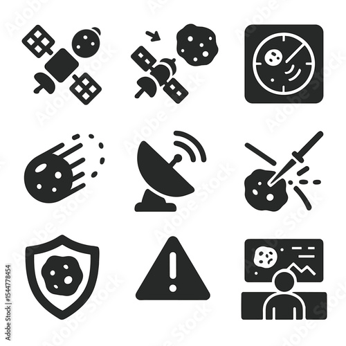 Planetary Defense Icons. Solid, filled icons set of planetary defense strategies: satellite monitor,