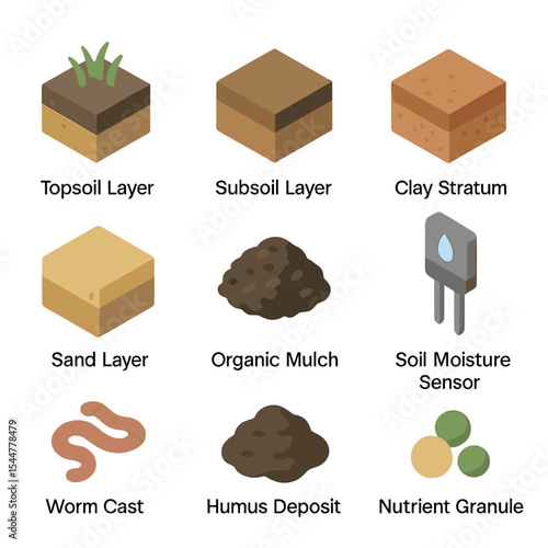 Soil Composition Icons. Isometric Flat icon set of soil composition layers: topsoil layer, subsoil layer, clay stratum, sand layer