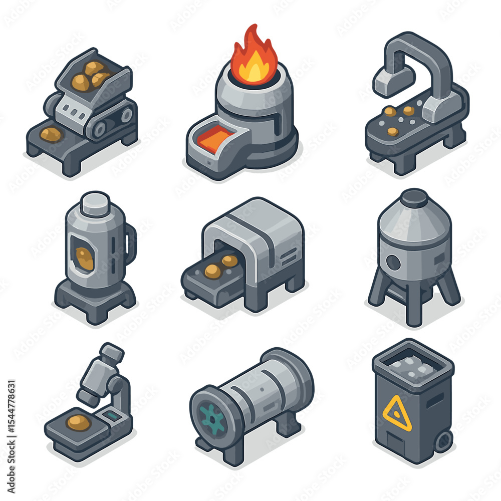 Fototapeta premium Space Ore Processing Icons. Isometric Flat icon set of in-space ore processing: crusher unit, smelter furnace, magnetic separator,