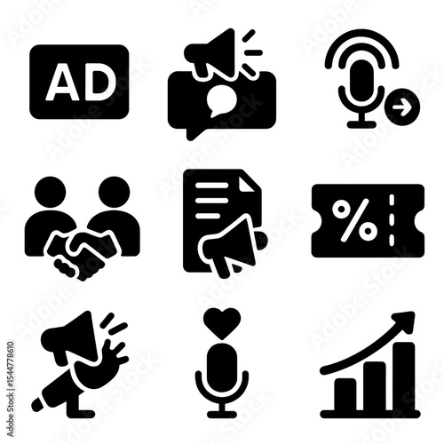 Podcast Advertising Icons. Solid, filled icons set of podcast advertising and sponsorship: ad icon, sponsored