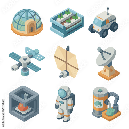 Space Colonization Icons. Isometric Flat icon set of space colonization utopia: domed habitat, hydroponic farm, rover vehicle,