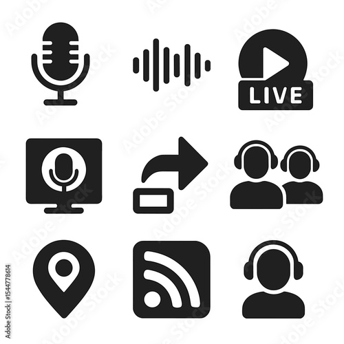 Podcast Icon Set. Solid, filled icons set of podcast livestreams: studio mic, waveform animation, live episode