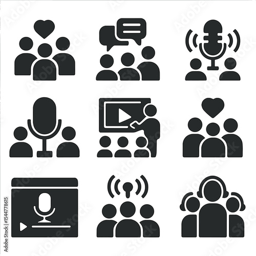 Podcast Community Icons. Solid, filled icons set of building community through podcasting: community icon,