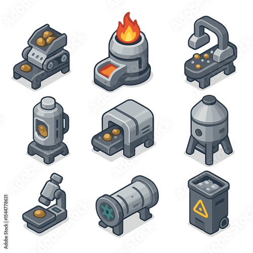Space Ore Processing Icons. Isometric Flat icon set of in-space ore processing: crusher unit, smelter furnace, magnetic separator,