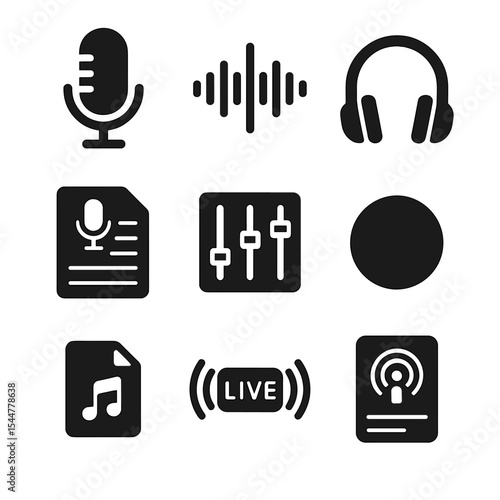Podcasting Icons Collection. Solid, filled icons set of podcasting and audio creation: microphone icon, sound