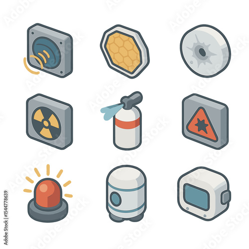 Space Safety Icons. Isometric Flat icon set of space safety and risk indicators: collision avoidance sensor, debris shield,