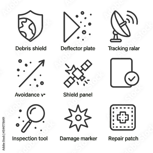 Space Debris Icons. Outline icon set of space debris management: debris shield, deflector plate, tracking radar, avoidance vector,