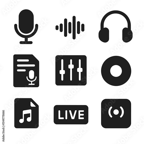 Podcasting Icons Collection. Solid, filled icons set of podcasting and audio creation: microphone icon, sound