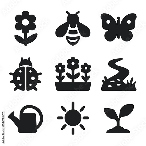 Pollinator Icon Set. Solid, filled icons set of attracting pollinators: wildflower icon, bee icon, butterfly icon, ladybug, flower bed, garden path, watering can, sun icon, plant growth.