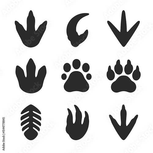 Prehistoric Footprint Icons. Solid, filled icons set of prehistoric animal footprints: dinosaur track, raptor